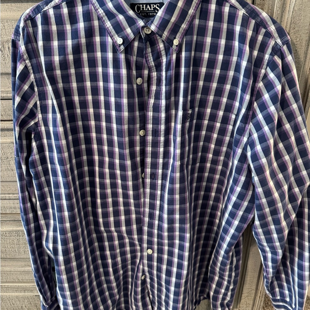 Chaps Men's Blue and Purple Checkered Shirt